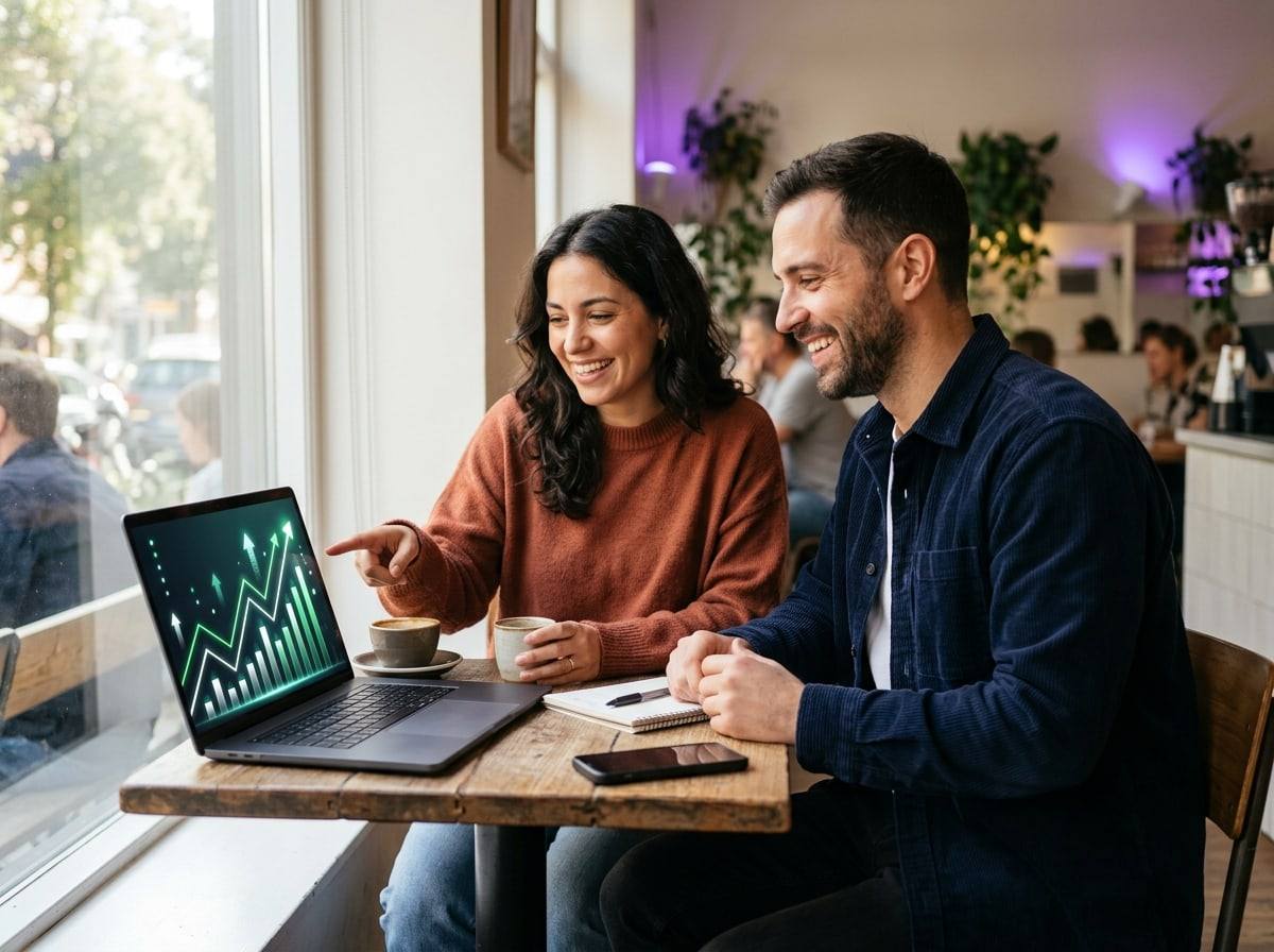 Una creadora y su gerente de cuenta sonríen frente a una laptop con gráficos al alza en la mesa de un café
