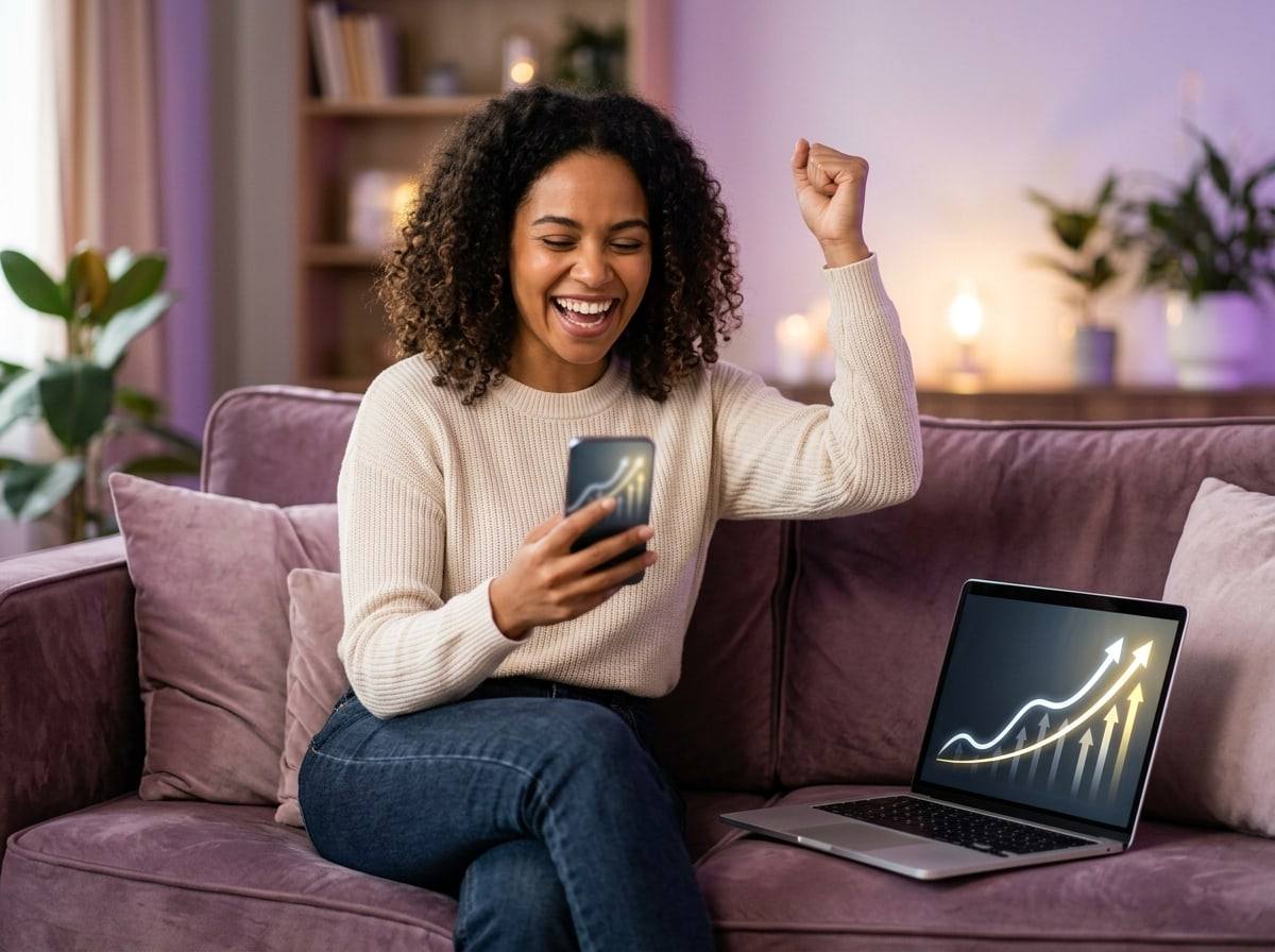 Una creadora feliz en un sofá celebra mientras revisa su teléfono, con una laptop con gráficos al alza a su lado