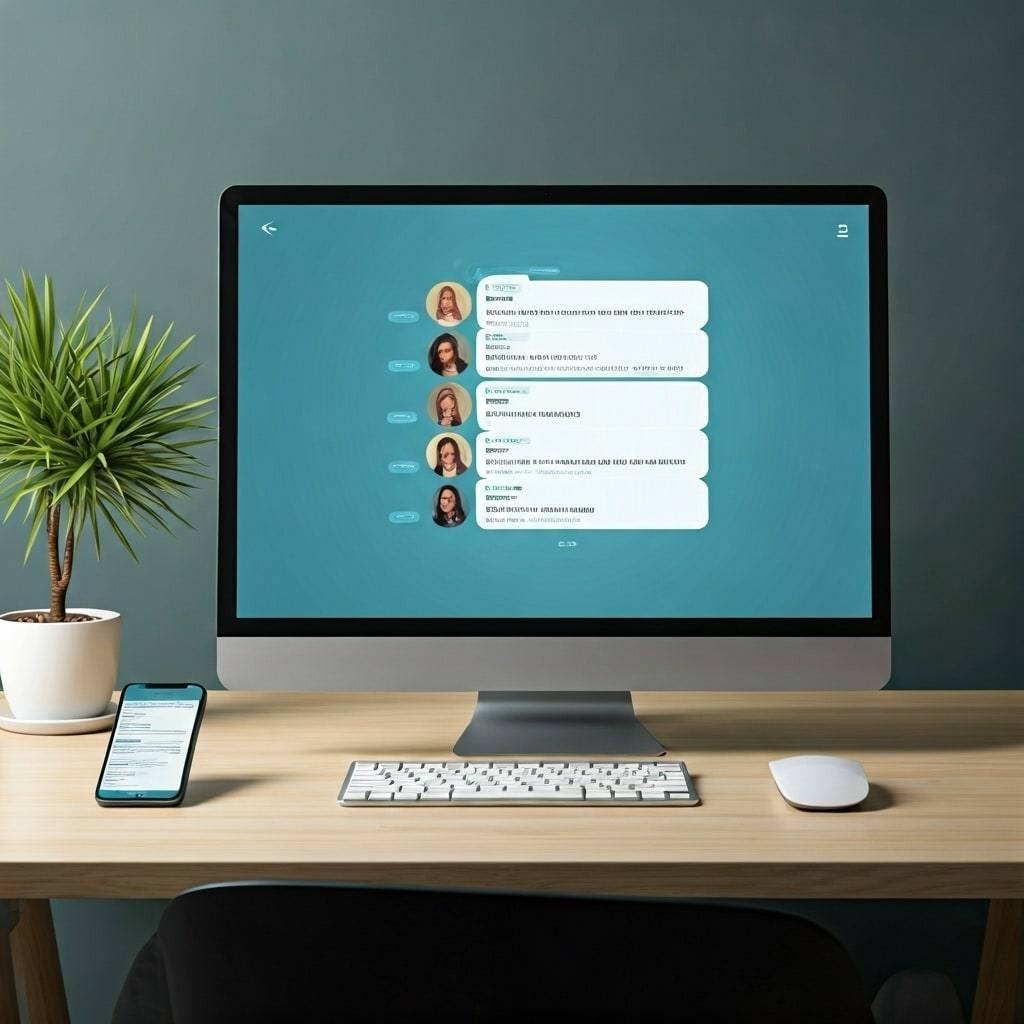 A desktop monitor showing a list of chat messages on a tidy wooden desk, with a phone and a plant