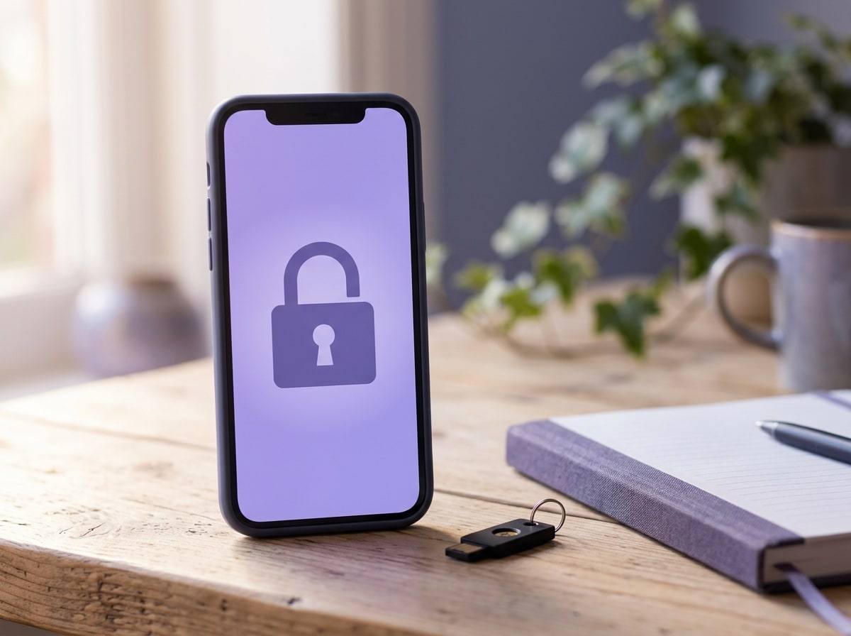 A smartphone on a desk showing a locked padlock, next to a small security key and a notebook