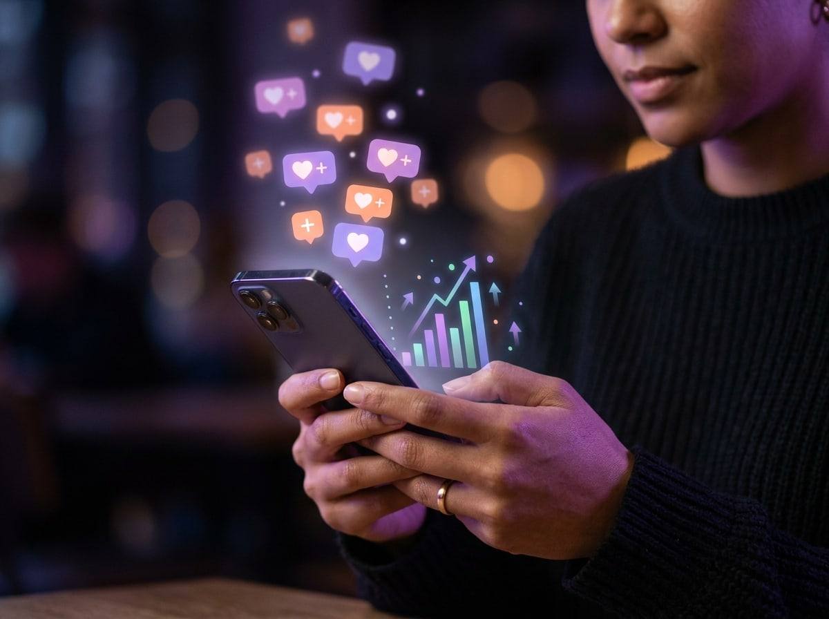 Close de mãos segurando um celular enquanto notificações brilhantes de corações e seguidores flutuam sobre um gráfico de barras em alta